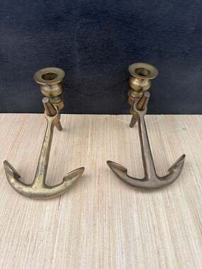 Pair of Vintage Solid Brass Nautical Anchor Candlestick Holders
